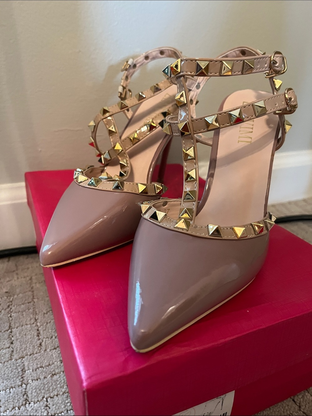 Valentino Blush Patent Rockstud T-Strap Pumps